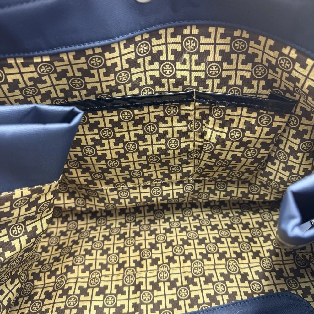 Authentic Tory Burch Black Nylon Ella Tote with Patent Logo and Gold Hardware